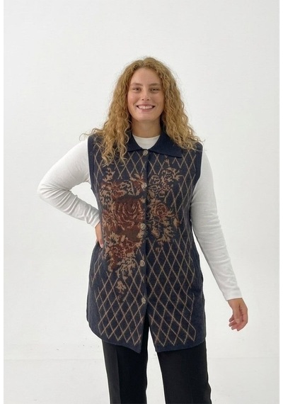 Onno Style Women Büyük Beden Ekose Gül Pike Desenli Çelik Örgü Kadın Triko Yelek Kaban Lacivert Onno Style Women Büyük Beden Ekose Gül Pike Desenli Çelik Örgü Kadın Triko Yelek Kaban Lacivert