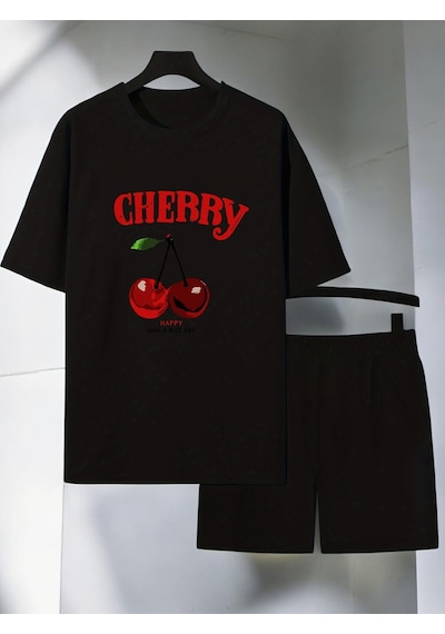 Uyguntarz Unisex Happy Cherry Baskılı Tasarım Şort Takım Siyah