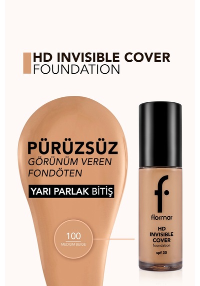 Flormar Doğal Bitişli Fondöten- Invisible Cover HD Fdt. - 100 Medium Beige - 8682536059138
