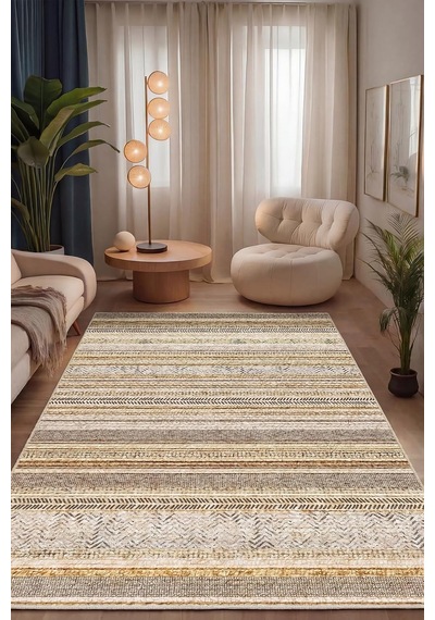 Alexis Kadife Kilim Desen Kaymaz Pamuk Tabanlı Yıkanabilir Antibakteriyel Salon Halısı 120x180 Çok Renkli