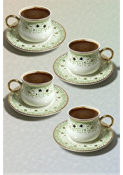 6 Kişilik Bahar Esintisi Yeşil Puantiyeli Gold Yaldızlı Kahve Fincan Seti - 90 Ml Diğer