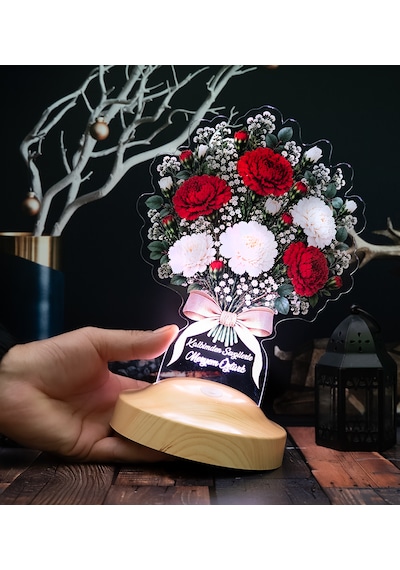 Kırmızı Beyaz Karanfil Çiçek Buketi Led Lamba, Anneye Kadına Doğum Günü Hediyesi Işıklı Solmayan Buket