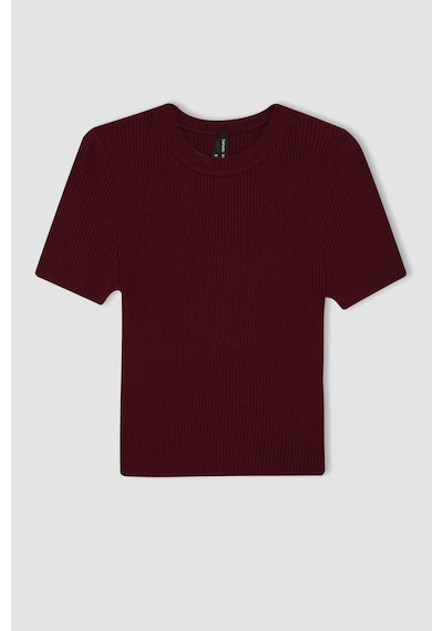 Defacto Crop Bisiklet Yaka Basic Düz Fitilli Kısa Kollu Triko Kazak C5638AX24AUBR34 Bordo