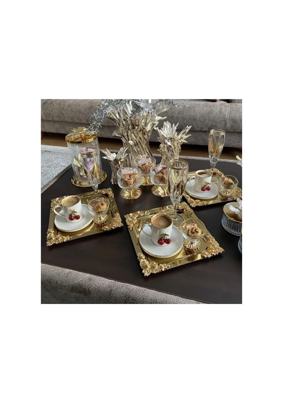 Komple Gold Detaylı 18/10 Çelik Kahve Sunum Tepsisi 6 Adet Altın