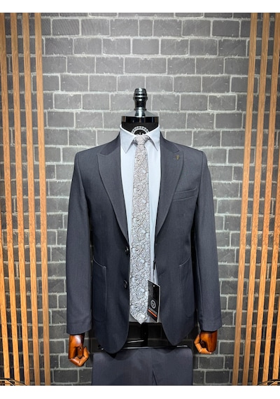 Dupont Classics Dupont Slim Fit Sivri Yaka 6 Drop Çift Yırtmaç Torba Cep 2'li Takım Elbise Antrasit - Gri