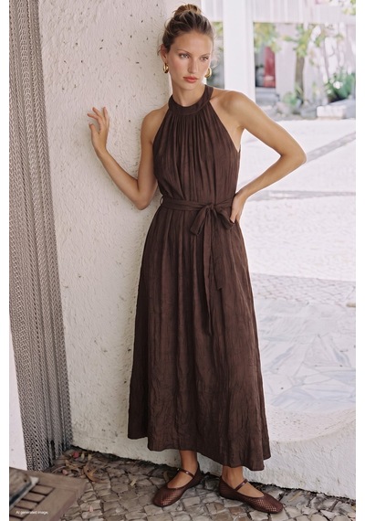 Sateen Kuşaklı Elbise - Kahve-137740