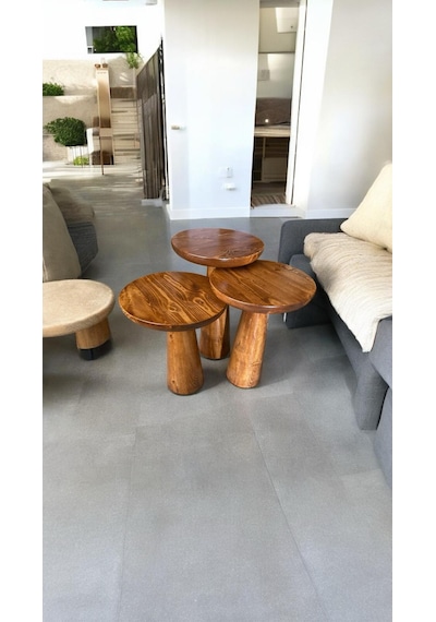Wood Ahşap 3 Lü Set Konik Mantar Yan Sehpa Boğumlu Model / Açık
