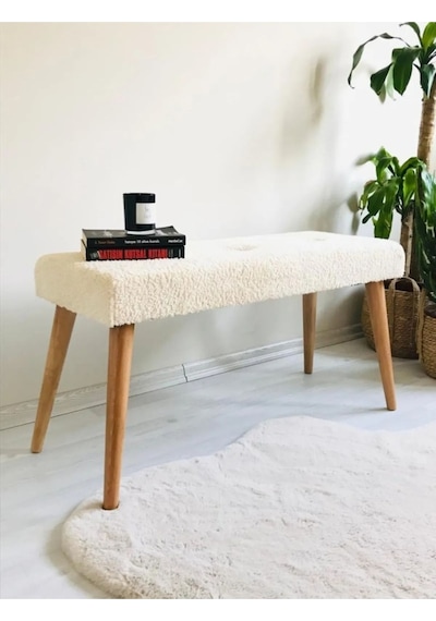 Ahşap Ayaklı Handmade Geniş Oturum Alanlı Krem Welsoft Kumaş Pofidik Puf Bench ,ayak Ucu Uzatmalık Krem