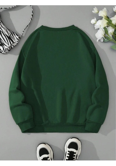 Ok Bear Sweatshirt - Yeşil Baskılı Oversize Kalın Kışlık Bisiklet Yaka Yeşil