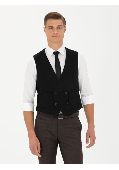 Cacharel Siyah Slim Fit Yün Karışımlı Çizgili Klasik Yelek
