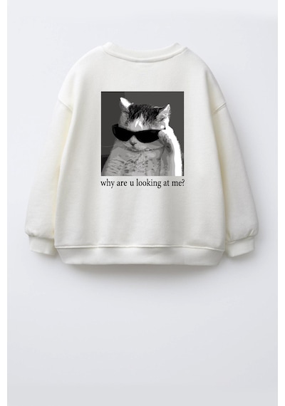 Monila Unisex Çocuk 3 İplik Kumaş Pamuklu Sırt Baskılı Sweatshirt Ekru