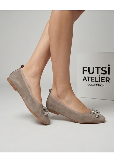 Futsishoes Mıstral Vizon Süet Hakiki Deri Taş Tokalı Kadın Babet Ayakkabı Bej