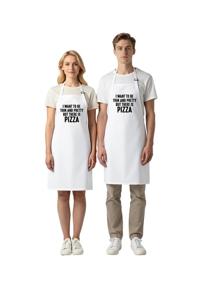 Unisex Mutfak Önlüğü Pizza Temalı Baskılı Rahat Kesim Günlük Aşçı Beyaz