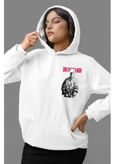 Sevbano Tasarım One Punch Man Anime Sırt Baskılı Unisex Oversize Penye Ho beyaz