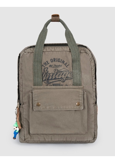 Cabani Vizon Vintage Baskılı Keten Unisex Sırt Çantası Haki