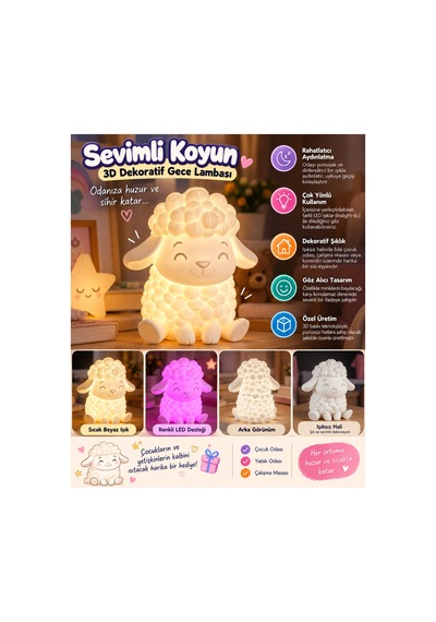 Sevimli Koyun Tasarımlı 3d Dekoratif Gece Lambası - Çocuk Odası Ve Masaüstü Pilli Işıklı Süs 86095647
