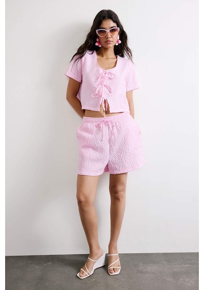 Defacto Regular Fıt V Yaka Kırışık Dokulu Kumaş Kısa Kollu Pembe Bluz F1009ax26smpn583 Pembe-pn583