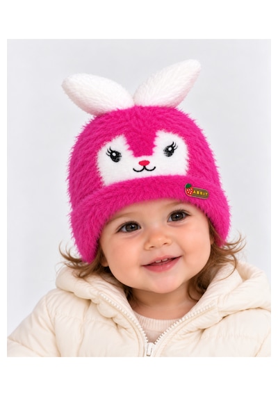 Kız Bebek Tavşan Modelli Kulaklı Koyu Pembe Renk 6 Ay - 3 Yaş Peluş Bere