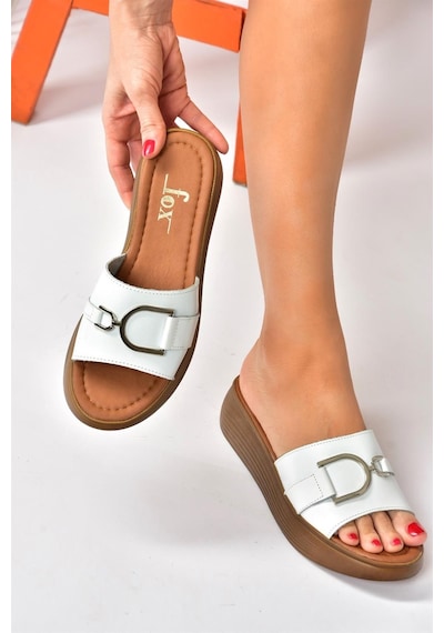 Fox Shoes Beyaz Hakiki Deri Yüksek Tabanlı Günlük Kadın Terlik P291049403