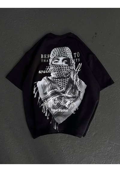 Kadın Kısa Kol Tişört Bisiklet Yaka Filistin Poşülü Baskılı T-shirt - Siyah Siyah