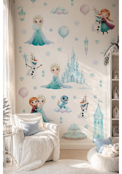 Karlar Ülkesi Temalı Duvar Sticker Seti 84 Parça Elsa, Anna, Olaf Buz Şatosu Çocuk Odası Sticker Dijital Baskı