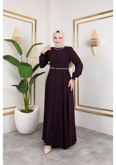 Nevayla Moda Yaka Ve Bel Nakış Detaylı Ferace - Mürdüm / F0143 Mürdüm