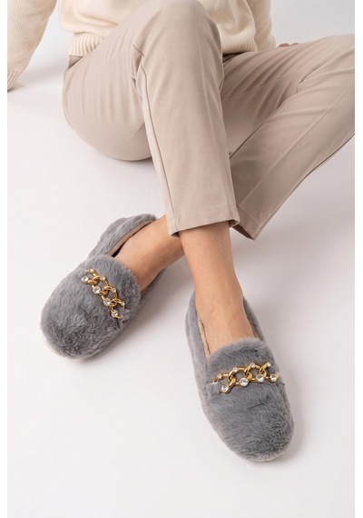 Nmoda Kadın Peluş Panduf Gold Zincir Taşlı Aksesuarlı Kapalı Loafer Yumuşak Tabanlı Kışlık Rahat Babet Gri