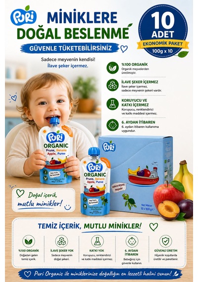 Organic Mürdüm Erikli Muzlu Elma Püresi 100 G x 10 %100 Organik İlave Şekersiz 10'lu Paket