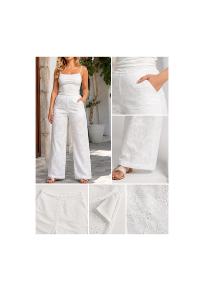 Meridefashion Beyaz Nakış İşlemeli Yüksek Bel Geniş Paça Kadın Pantolon S