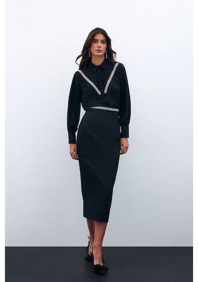 Sateen Bel Aksesuarlı Midi Etek - Siyah-135584 Siyah