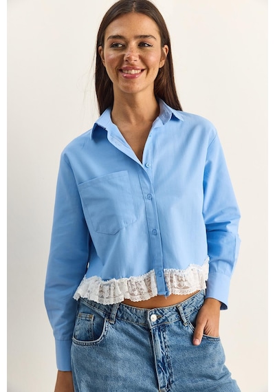 Shade Kadın Dantel Detaylı Poplin Crop Gömlek Dg261024 60286098 - Mavi