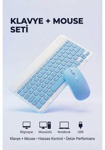 Kablosuz Bluetooth Klavye Ve Dongle Lı Mouse Seti Şarjlı Klavye Ve Fare Kombinasyonu Mavi
