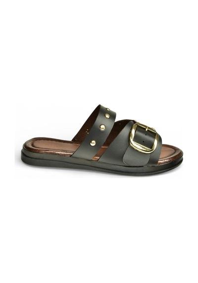 Fox Shoes Y390450703 Siyah Hakiki Deri Zımba Detaylı Kadın Terlik Siyah