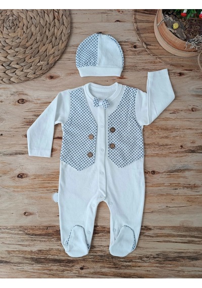 Veraura Lifestyle 0-3 3-6 6-9 Ay Şapkalı Yelek Detaylı Boydan Çıtçıt Erkek Bebek Tulumu Ekru