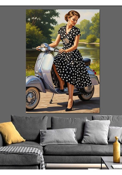 Ahşap Tablo Scooter Süren Siyah Beyaz Puantiye Elbiseli Vintage Kadın