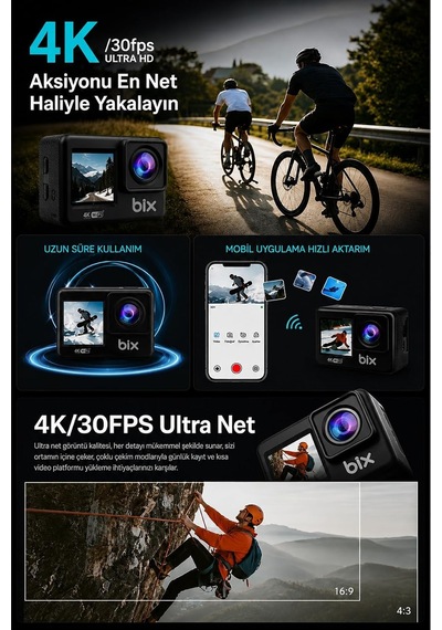 4k Ultra Hd Wi-fi Aksiyon Kamerası 20 Mp Çift Ekranlı 30 Metre Su Geçirmez Genel