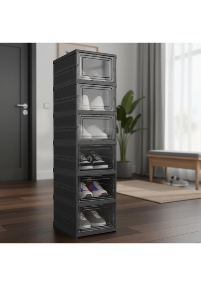 6 Katlı, Katlanabilir Ayakkabılık, Taşınabilir Çok Amaçlı, Geniş, Katlanabilir Dolap Ve Raf, Katlanır Taşınabilir Premium Portatif Organizer Ayakkabılık 25,5cm X 34,5cm X 105,5cm Antrasit Abanoz - Beyaz