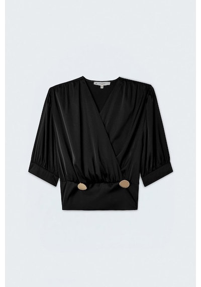 Sateen Kısa Kollu Saten Bluz - Siyah-137441