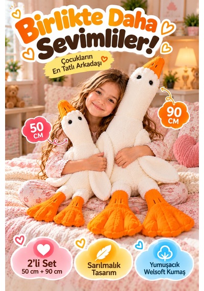 Beyaz Peluş Ördek 2'li Set 50 Cm Ve 90 Cm Yumuşak Welsoft Kumaş Sarılmalık Oyuncak Çocuk Odası Dekor
