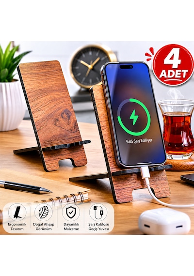4 Adet Ahşap Telefon Standı Masaüstü Telefon Tutucu Katlanabilir Şarj Girişli Ev Ofis Düzenleyici Seti Standart