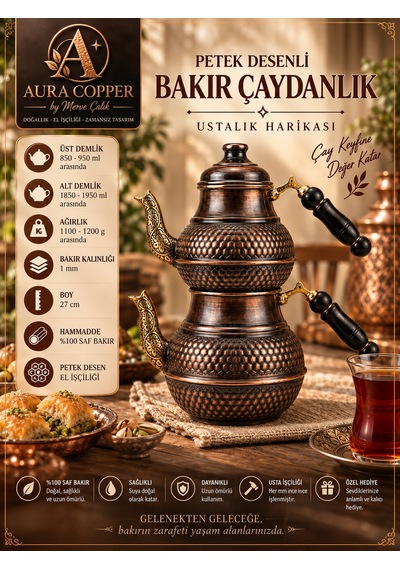 Aura Copper El İşlemeli Bakır Çaydanlık Seti 1 Mm Üst 850-950 Ml Alt 1850-1950 Ml 27 Cm Oksitli Bakır