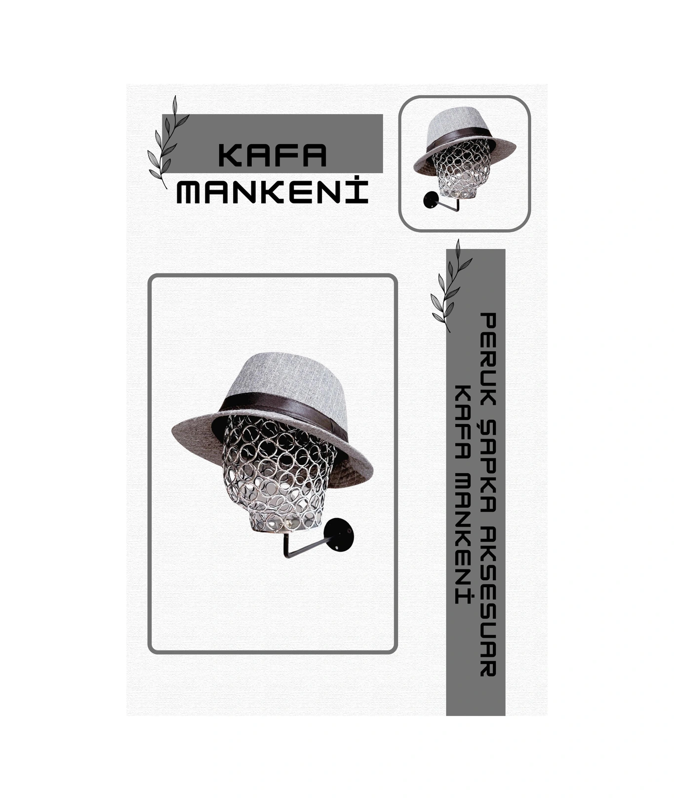 Erkek Tel Kafa Mankeni Silver Duvara Monte Şapka Aksesuar Sergileme Mağaza  Mankeni