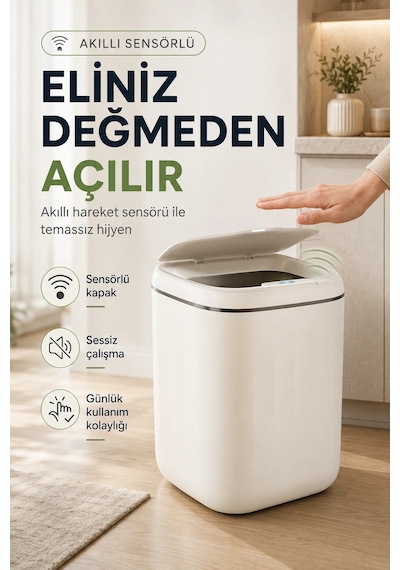 Akıllı Sensörlü 20 Litre Çöp Kovası Sessiz Kapaklı Modern Hijyenik Ev Tipi Çöp Kutusu