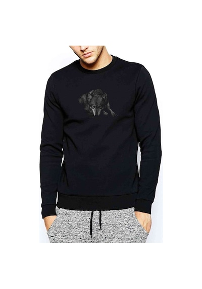 Sad Wolf Baskılı Siyah Erkek Örme Sweatshirt
