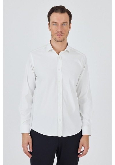 İmza Ekru Yarım İtalyan Yaka Cepsiz Gabardin Uzun Kol Slim Fit Esnek Gömlek 1004250235 Ekru