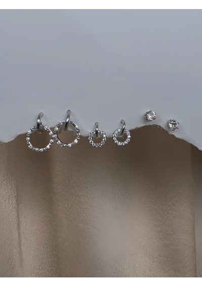 6'lı Halka Model Zirkon Taşlı Silver Renk Küpe Seti Gümüş