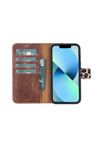 Apple Uyumlu iPhone 13 Pro Deri Cüzdanlı Kılıf Leopar Desen