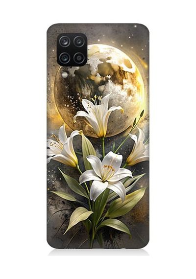 Samsung Galaxy A12 Uyumlu Ay Ve Çiçek Desenli Silikon Kılıf
