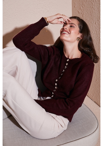Lela Premium Comfort Fit Yuvarlak Yaka Crop Triko Bayan Hırka 680Hi00164 Bordo