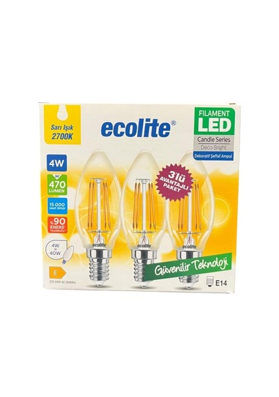 Ecolite 4w Led Filament Mum Ampul, E14 Duy, 2700k Sarı Işık, 470 Lümen, Şeffaf Cam, Akkor Görün Standart